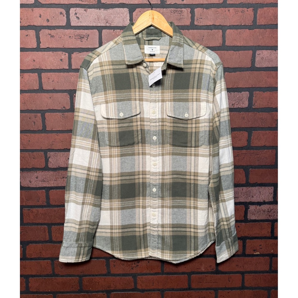 American Eagle Plaid Green Button Up Long Sleeve Shirt Cotton Men's Medium NWT